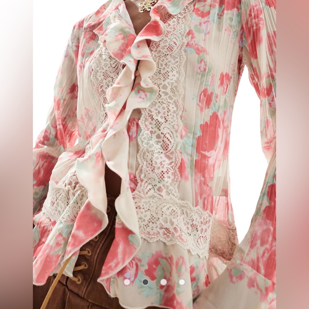 Free People Floral Ruffle Lace Blouse Ivory Pink Pleated Boho Romantic Top - Picture 7 of 9